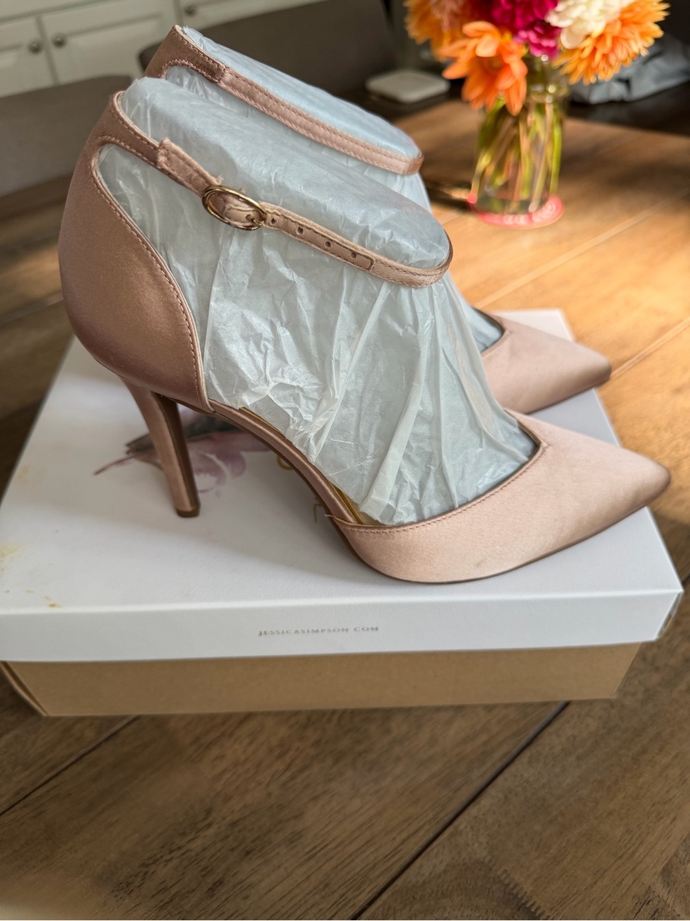 Jessica Simpson Blush Satin Pointed-Toe Ankle-Strap Pumps